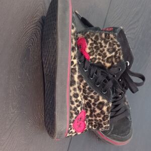 Leopard Print High-Top Sneakers With Red, Cute Hearts, Skulls & Crossbones